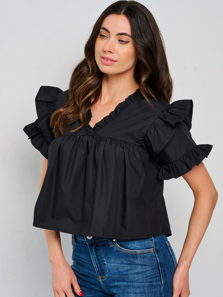 WOMEN'S SHORT RUFFLE SLEEVE V-NECK BLOUSE