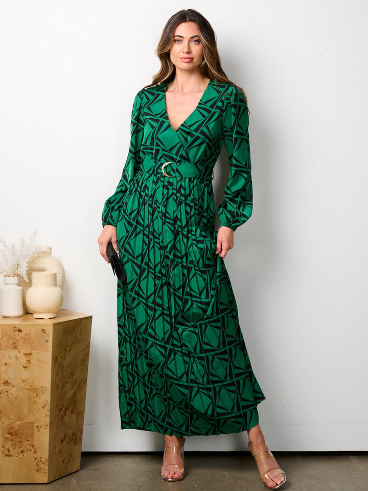 WOMEN'S LONG PUFF SLEEVE SURPLICE BELTED PRINT MAXI DRESS