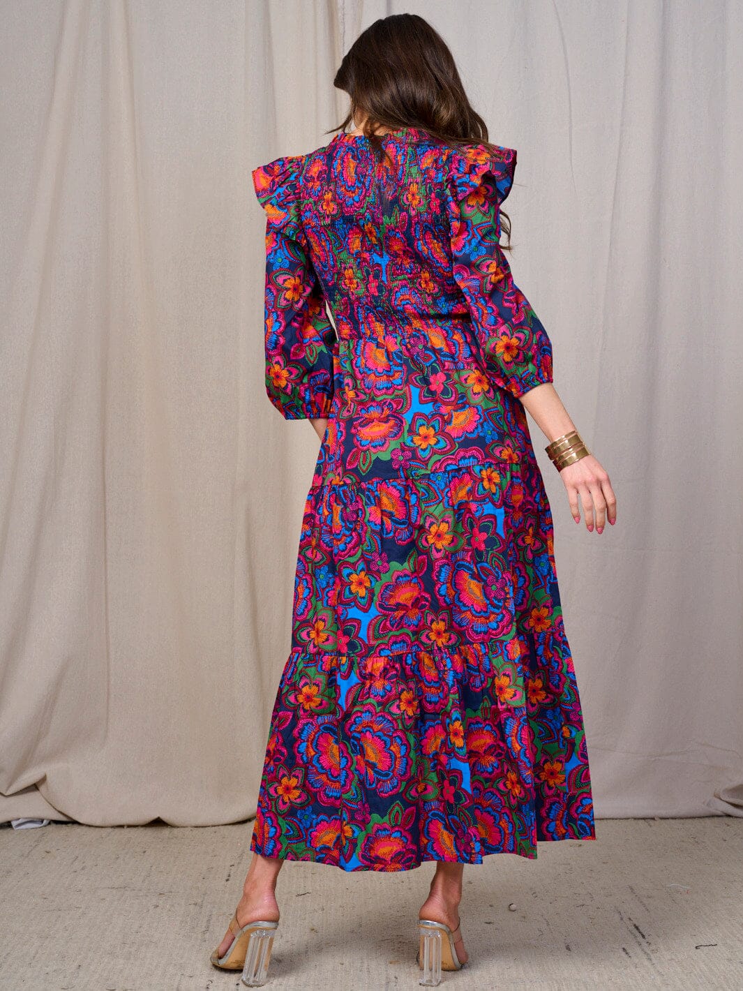 WOMEN'S 3/4 SLEEVES V-NECK SMOCK TIERED FLORAL MAXI DRESS