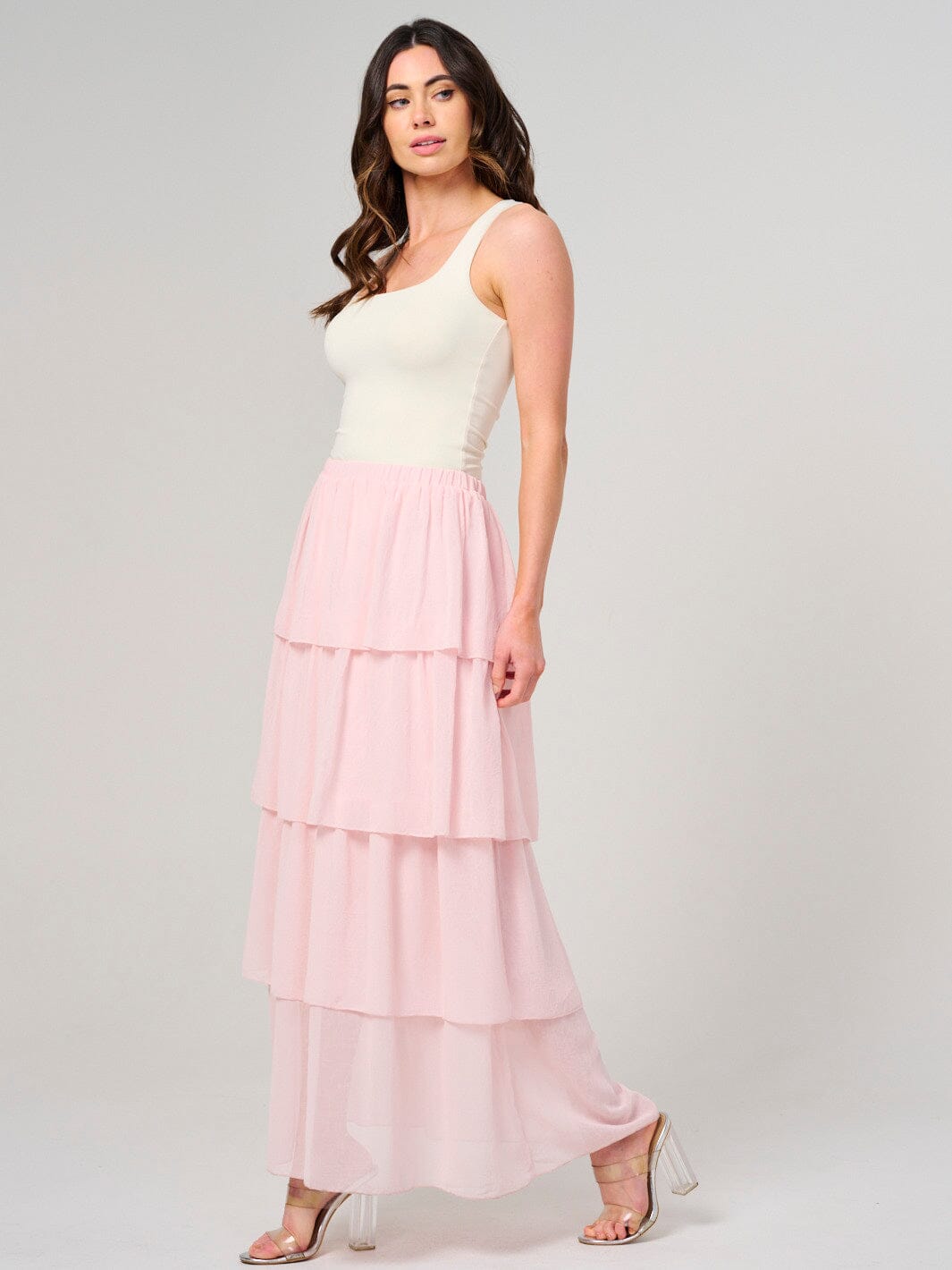 WOMEN'S ELASTIC WAIST RUFFLE TIERED MAXI SKIRT