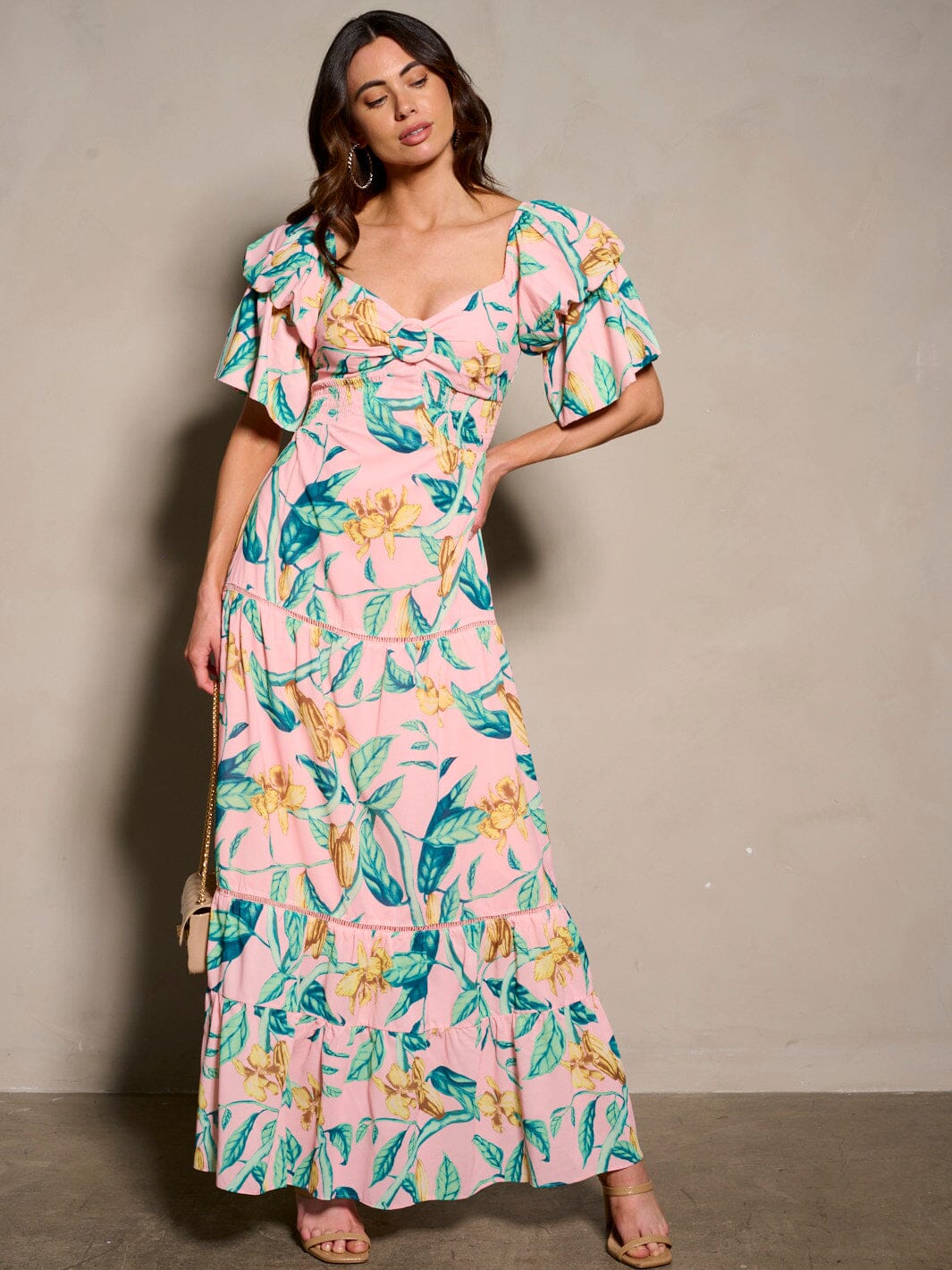 WOMEN'S SHORT RUFFLE SLEEVE V-NECK BACK TIE FLORAL MAXI DRESS