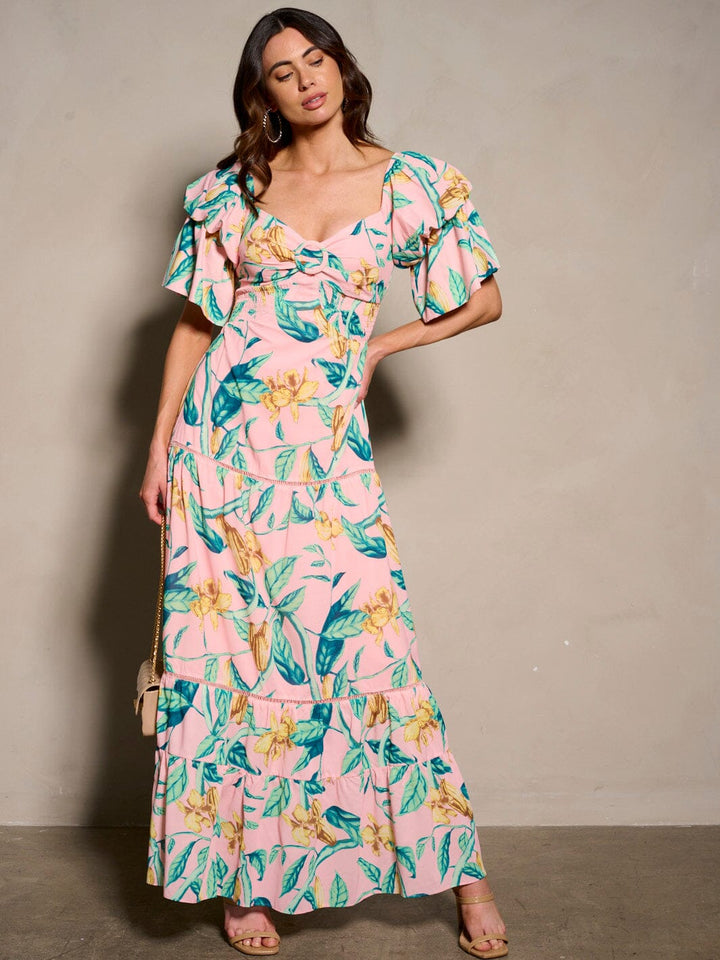 WOMEN'S SHORT RUFFLE SLEEVE V-NECK BACK TIE FLORAL MAXI DRESS
