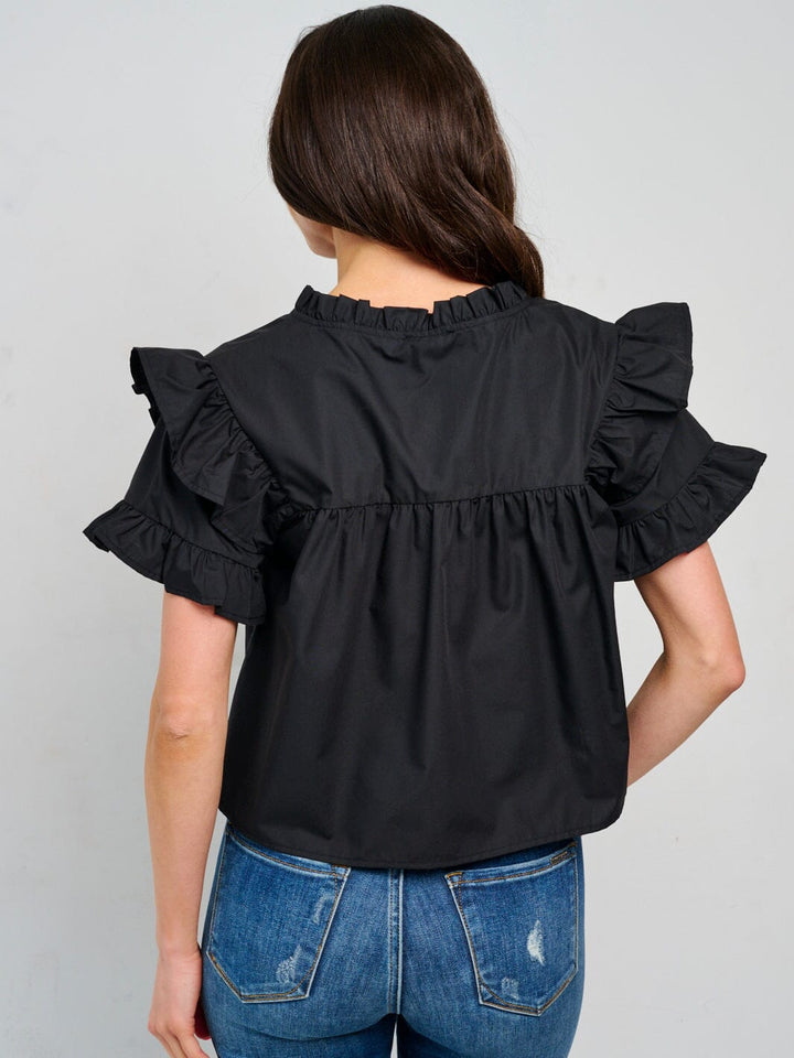 WOMEN'S SHORT RUFFLE SLEEVE V-NECK BLOUSE