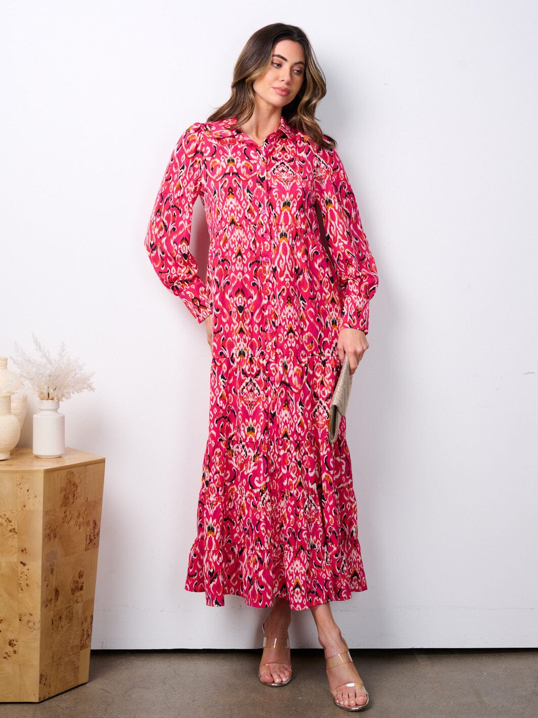 WOMEN'S LONG SLEEVE POCKETS MULTI PRINT BUTTON UP MAXI DRESS