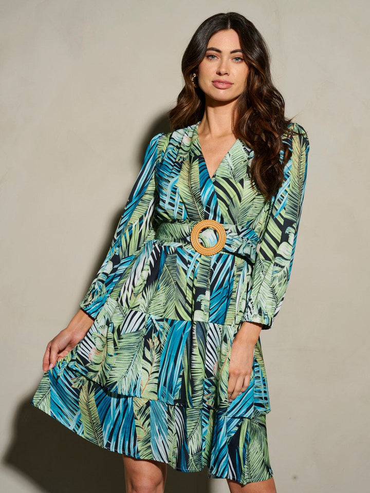 WOMEN'S LONG SLEEVE SURPLICE RUFFLE MULTI PRINT MINI DRESS