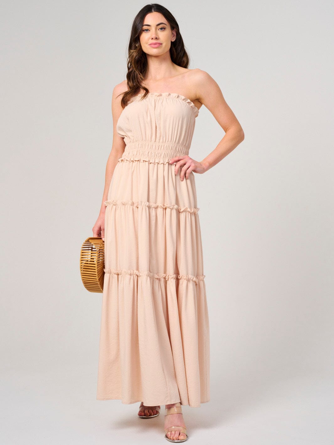 WOMEN'S SLEEVELESS SMOCK WAIST TIERED MAXI DRESS