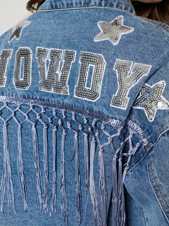 WOMEN'S LONG SLEEVE BUTTON CLOSURE FRINGE HOWDY POCKETS DENIM JACKET