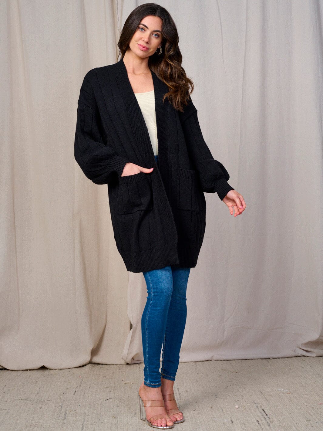 WOMEN'S LONG SLEEVE OPEN FRONT POCKETS CARDIGAN