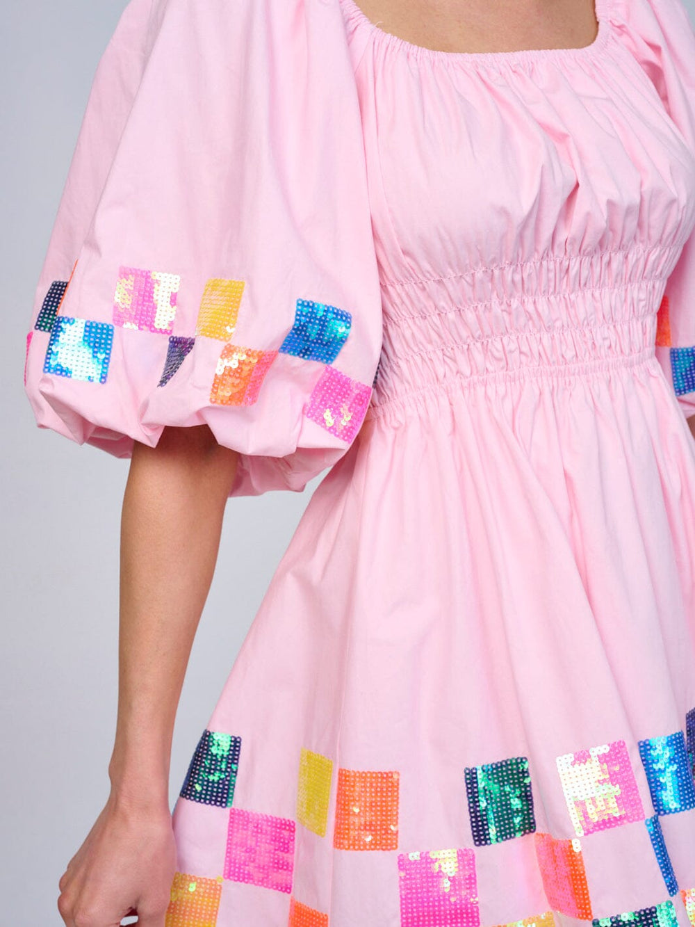 WOMEN'S SHORT PUFF SLEEVE SMOCK WAIST MULTI SEQUINS MINI DRESS