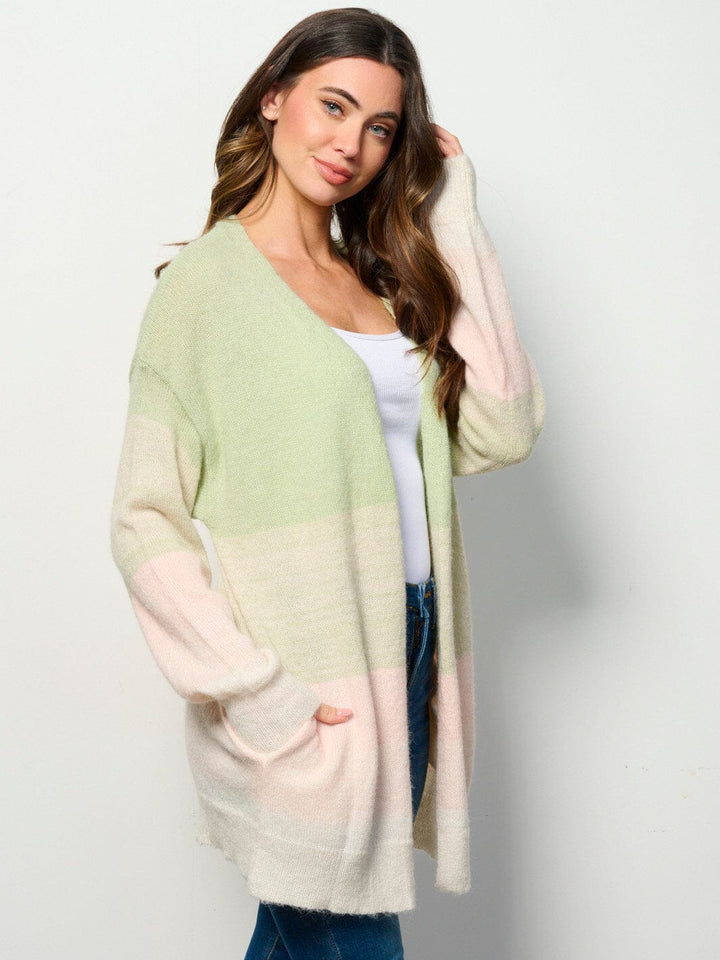 WOMEN'S LONG SLEEVE OPEN FRONT POCKETS COLORBLOCK CARDIGAN