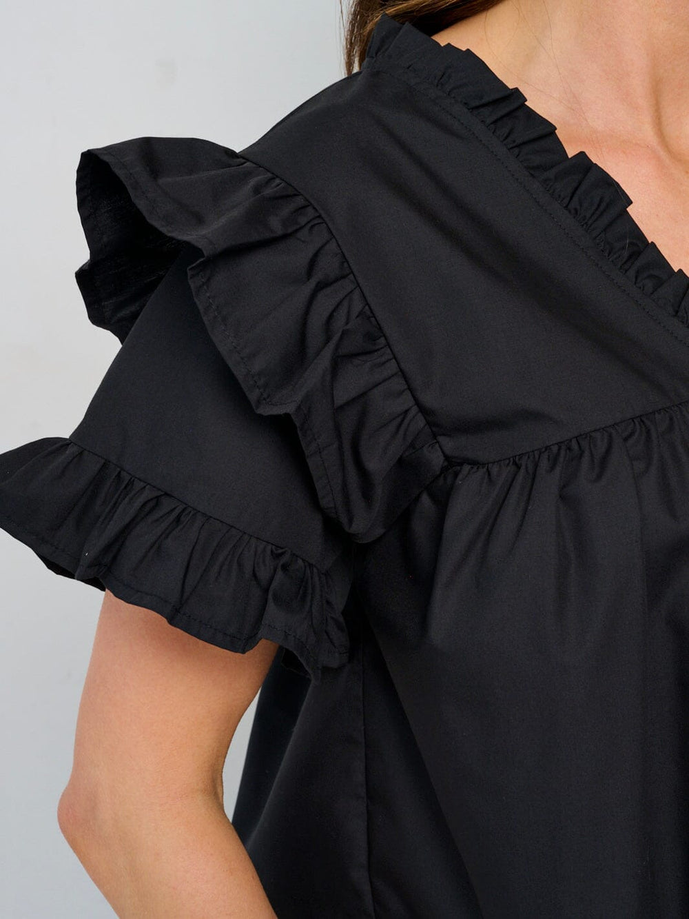 WOMEN'S SHORT RUFFLE SLEEVE V-NECK BLOUSE