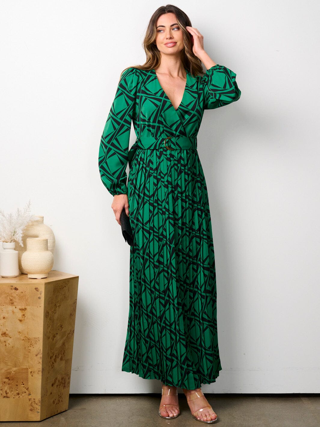 WOMEN'S LONG PUFF SLEEVE SURPLICE BELTED PRINT MAXI DRESS
