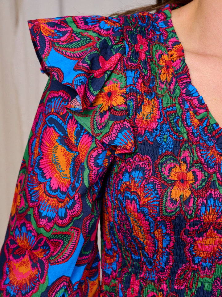 WOMEN'S 3/4 SLEEVES V-NECK SMOCK TIERED FLORAL MAXI DRESS