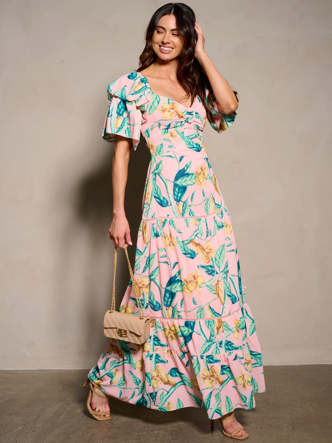 WOMEN'S SHORT RUFFLE SLEEVE V-NECK BACK TIE FLORAL MAXI DRESS