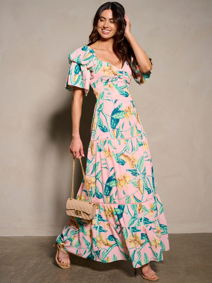 WOMEN'S SHORT RUFFLE SLEEVE V-NECK BACK TIE FLORAL MAXI DRESS