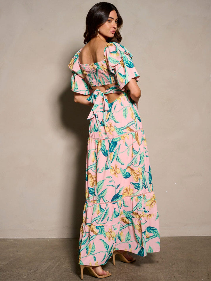WOMEN'S SHORT RUFFLE SLEEVE V-NECK BACK TIE FLORAL MAXI DRESS