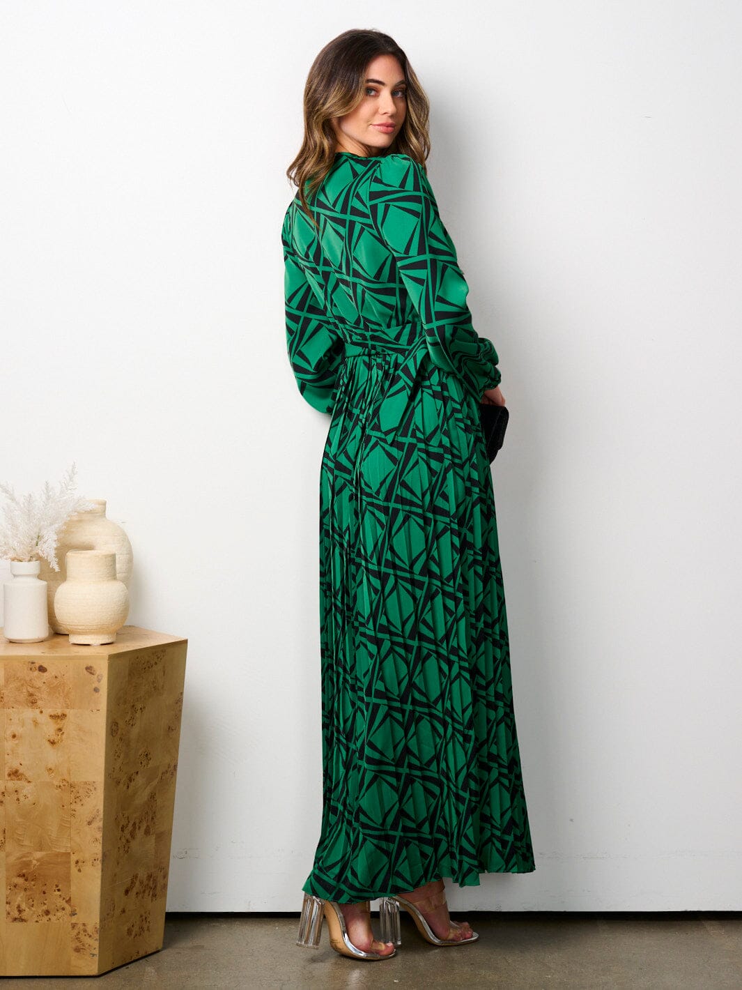 WOMEN'S LONG PUFF SLEEVE SURPLICE BELTED PRINT MAXI DRESS