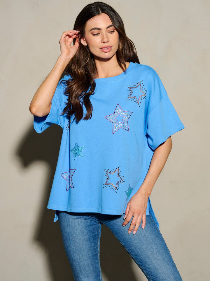 WOMEN'S SHORT SLEEVE STUDS STARS PATRIOTIC TUNIC BLOUSE TOP