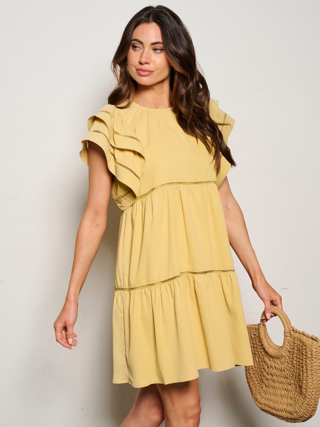 WOMEN'S SHORT RUFFLE SLEEVE TIERED TUNIC MINI DRESS