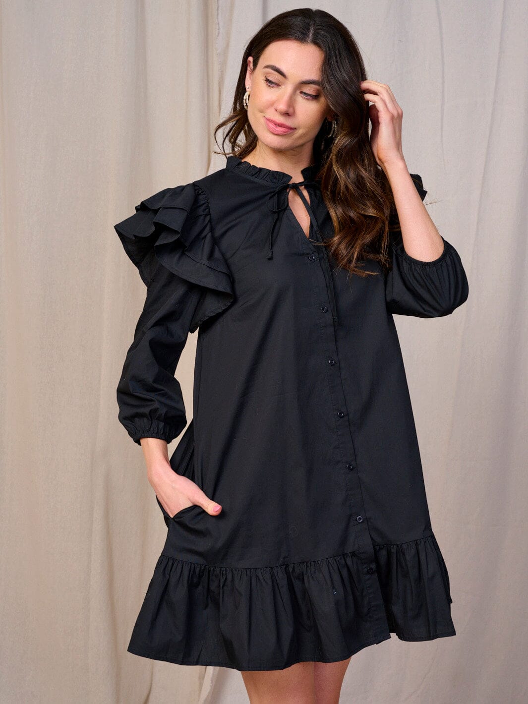 WOMEN'S 3/4 SLEEVES V-NECK BUTTON CLOSURE POCKETS RUFFLE MINI DRESS