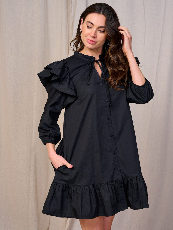 WOMEN'S 3/4 SLEEVES V-NECK BUTTON CLOSURE POCKETS RUFFLE MINI DRESS