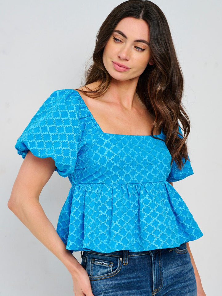 WOMEN'S SHORT PUFF SLEEVE SQUARE NECK DETAILED PEPLUM BLOUSE
