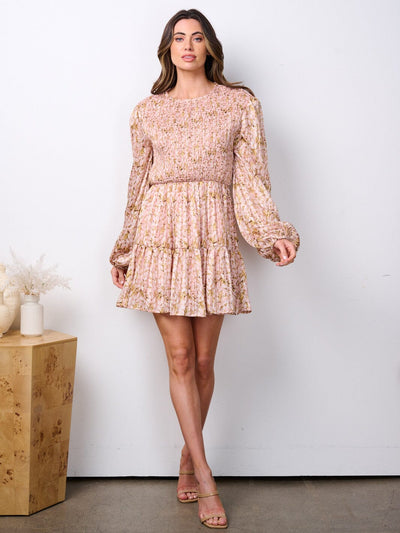 WOMEN'S LONG SLEEVE SMOCK FLORAL TIERED MINI DRESS