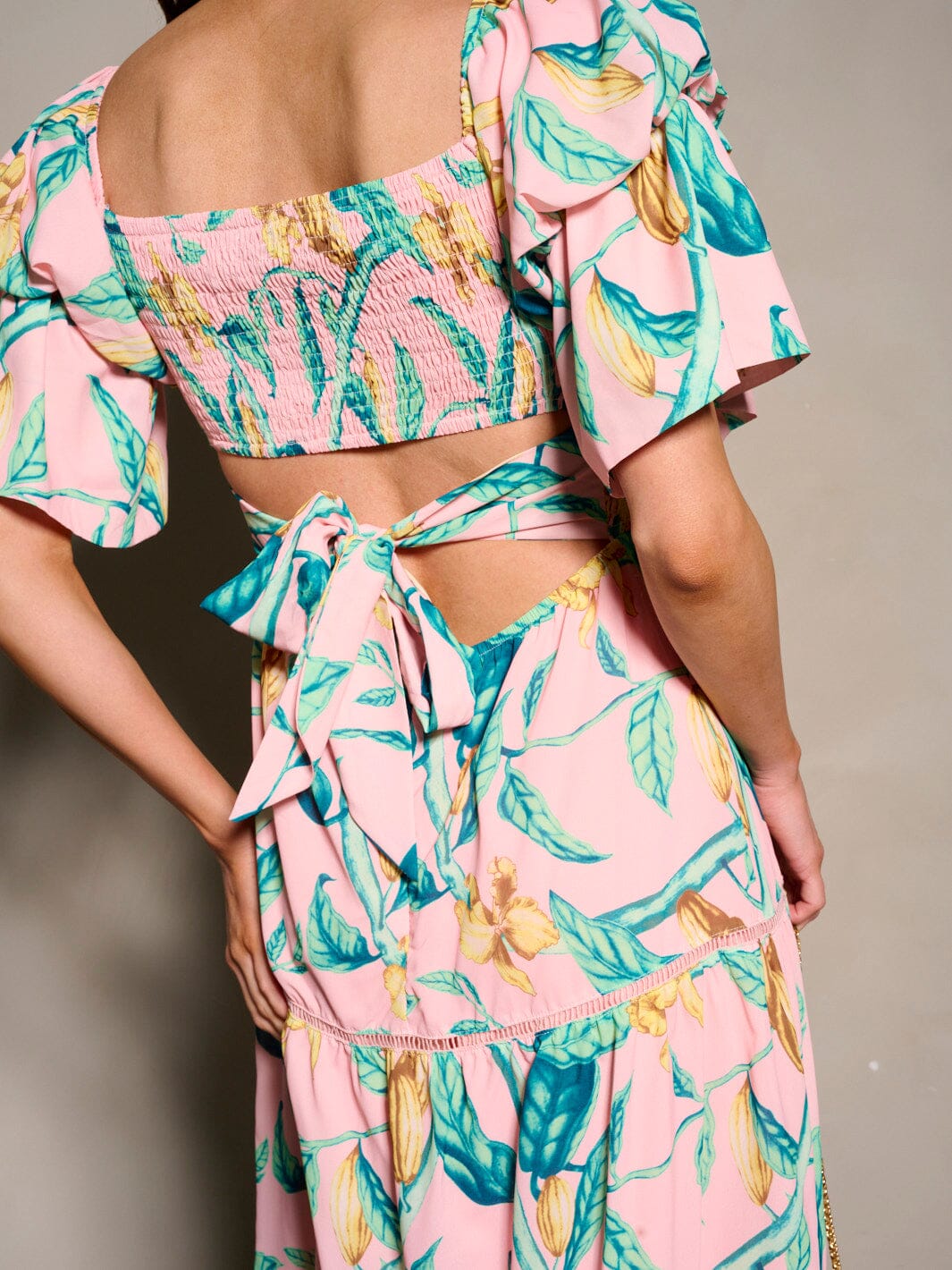 WOMEN'S SHORT RUFFLE SLEEVE V-NECK BACK TIE FLORAL MAXI DRESS