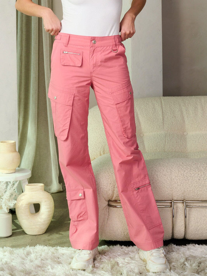 WOMEN'S BUTTON CLOSURE CARGO POCKETS WIDE LEG PANTS