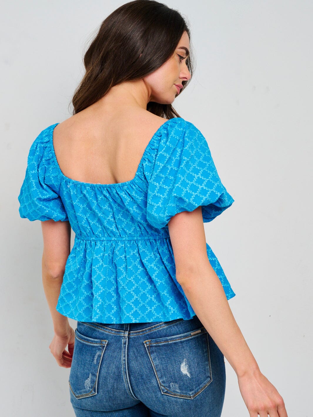 WOMEN'S SHORT PUFF SLEEVE SQUARE NECK DETAILED PEPLUM BLOUSE