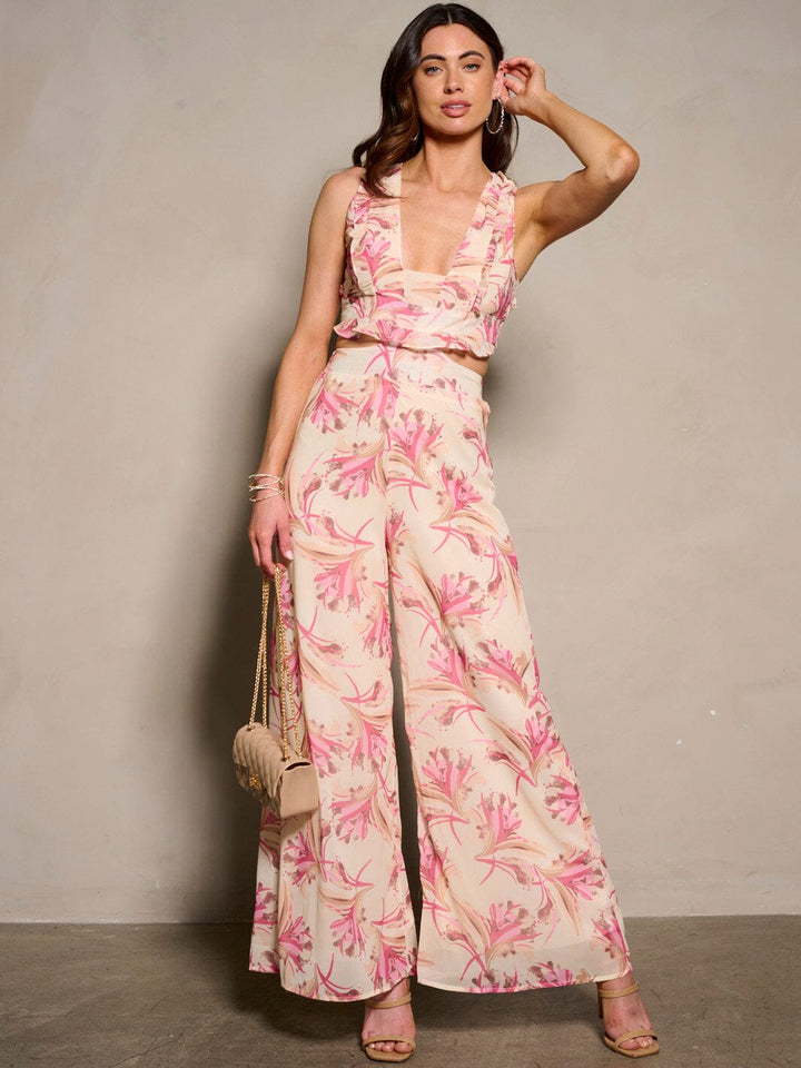 WOMEN'S SLEEVELESS CUT OUT BACK LACE UP FLORAL WIDE LEG JUMPSUIT