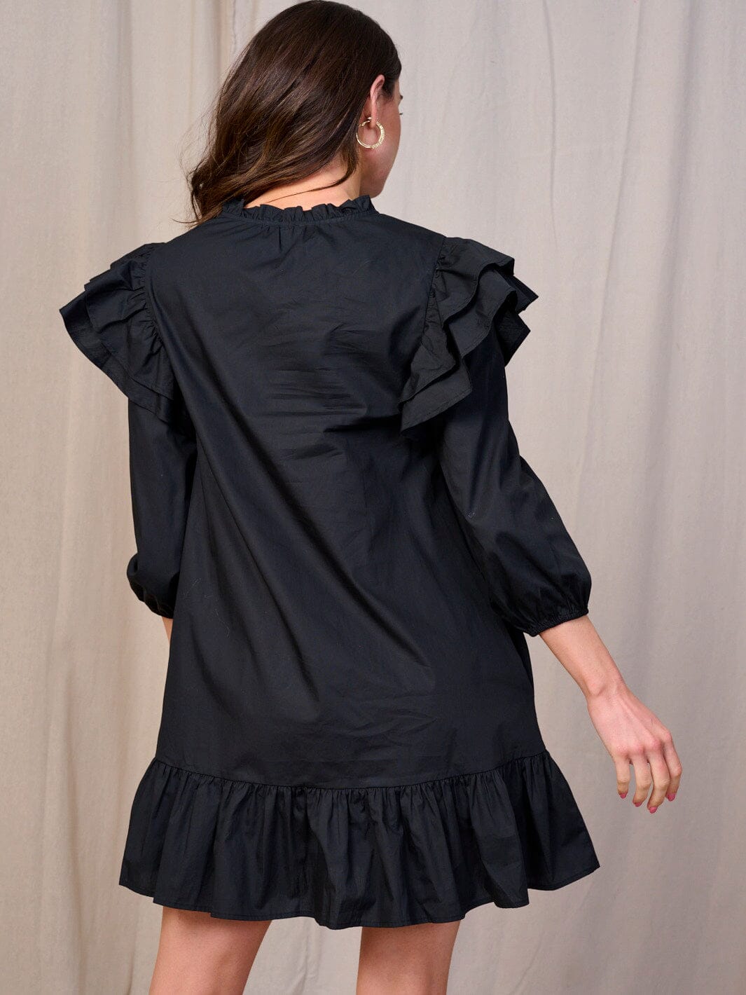 WOMEN'S 3/4 SLEEVES V-NECK BUTTON CLOSURE POCKETS RUFFLE MINI DRESS