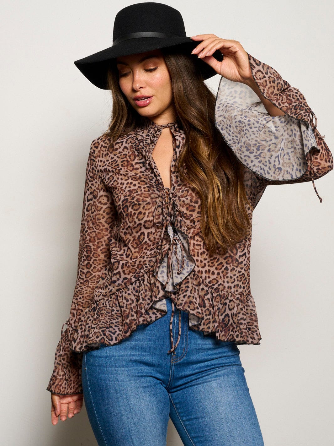 WOMEN'S LONG BELL SLEEVE LACE UP RUFFLE ANIMAL PRINT BLOUSE TOP ...