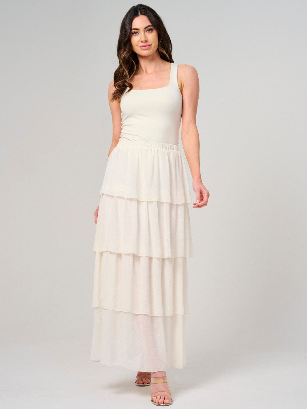 WOMEN'S ELASTIC WAIST RUFFLE TIERED MAXI SKIRT