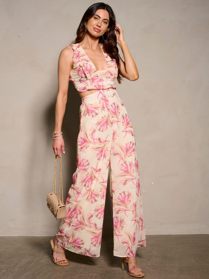 WOMEN'S SLEEVELESS CUT OUT BACK LACE UP FLORAL WIDE LEG JUMPSUIT