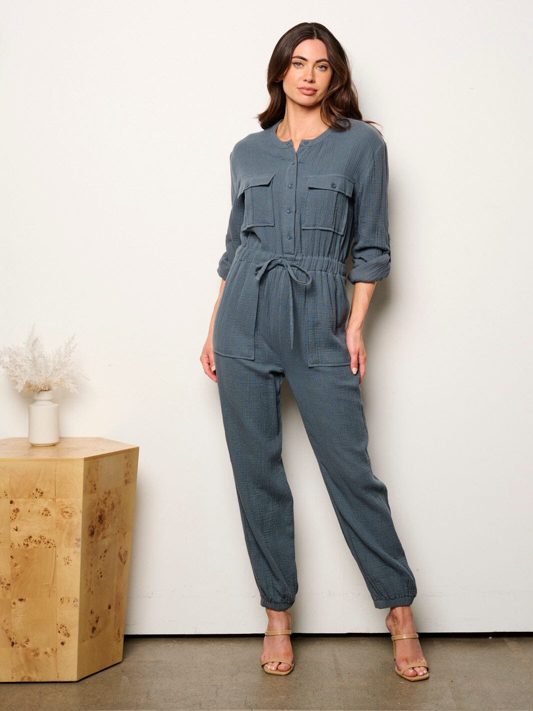 WOMEN'S LONG SLEEVE BUTTON UP SELF TIE JOGGER JUMPSUIT