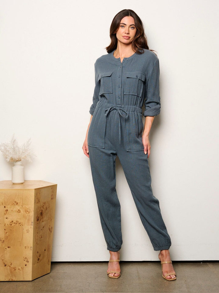 WOMEN'S LONG SLEEVE BUTTON UP SELF TIE JOGGER JUMPSUIT