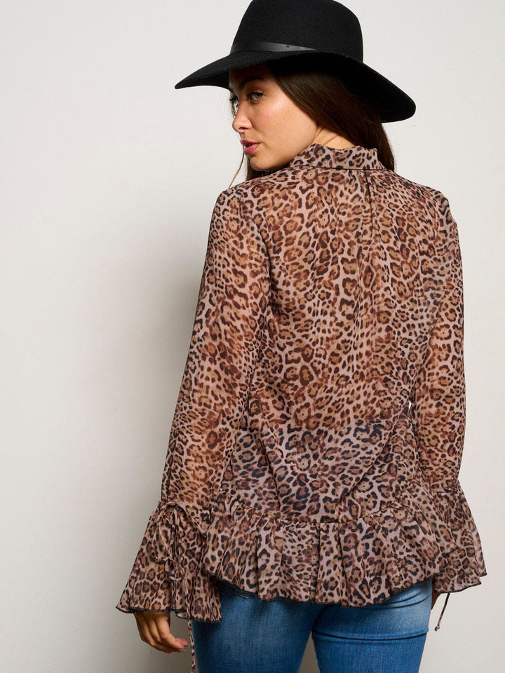WOMEN'S LONG BELL SLEEVE LACE UP RUFFLE ANIMAL PRINT BLOUSE TOP