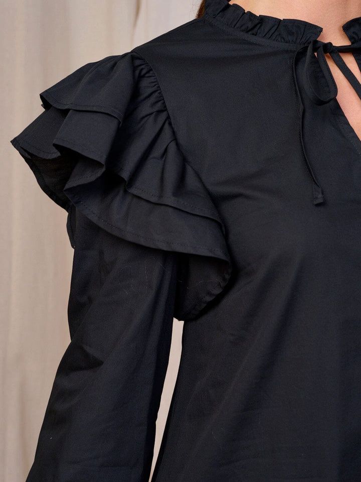 WOMEN'S 3/4 SLEEVES V-NECK BUTTON CLOSURE POCKETS RUFFLE MINI DRESS