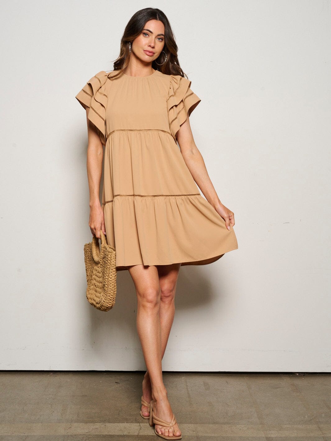 WOMEN'S SHORT RUFFLE SLEEVE TIERED TUNIC MINI DRESS