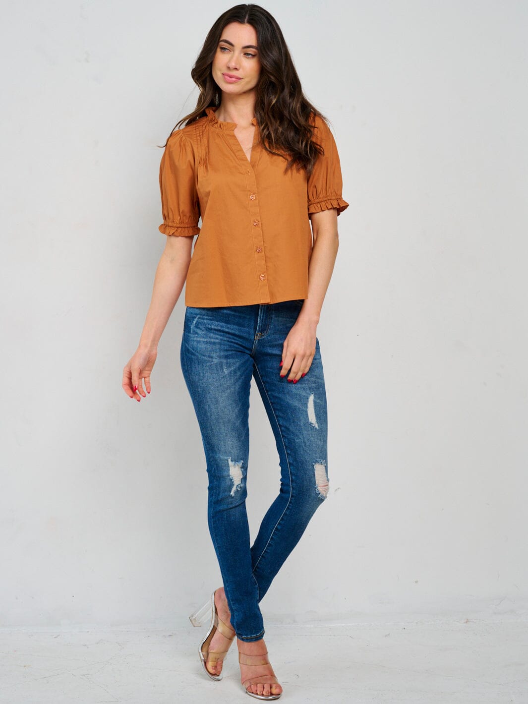 WOMEN'S SHORT PUFF SLEEVE V-NECK BUTTON UP BLOUSE