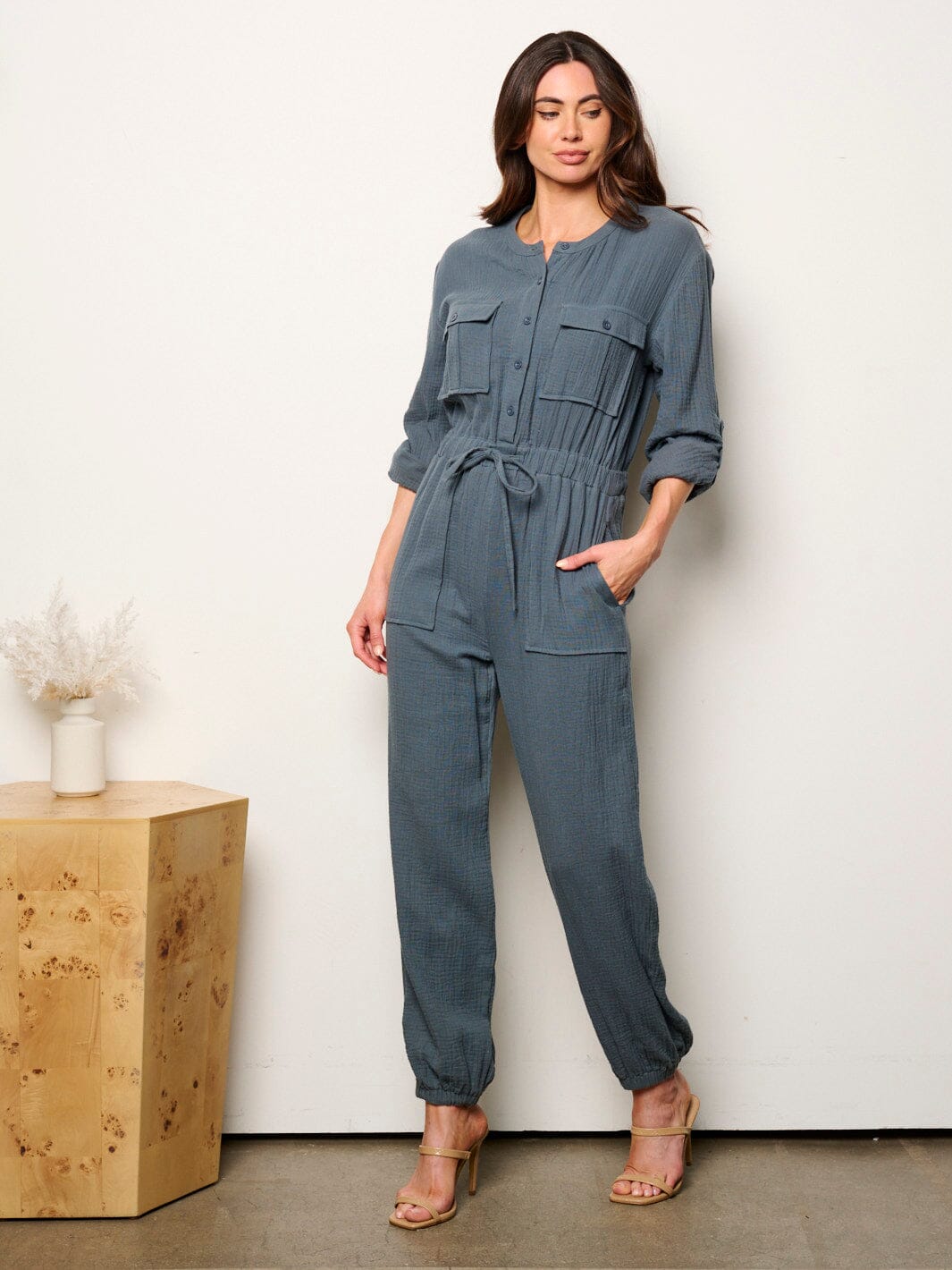 WOMEN'S LONG SLEEVE BUTTON UP SELF TIE JOGGER JUMPSUIT