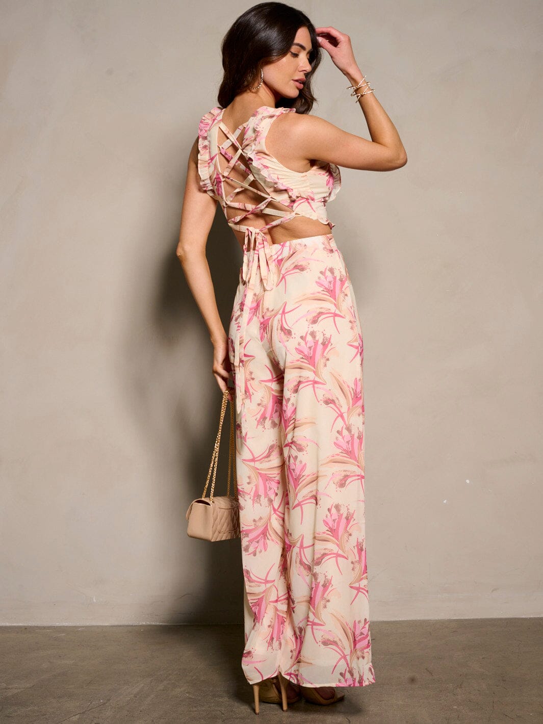 WOMEN'S SLEEVELESS CUT OUT BACK LACE UP FLORAL WIDE LEG JUMPSUIT