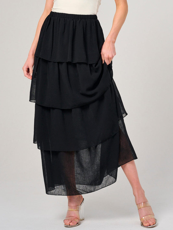 WOMEN'S ELASTIC WAIST RUFFLE TIERED MAXI SKIRT