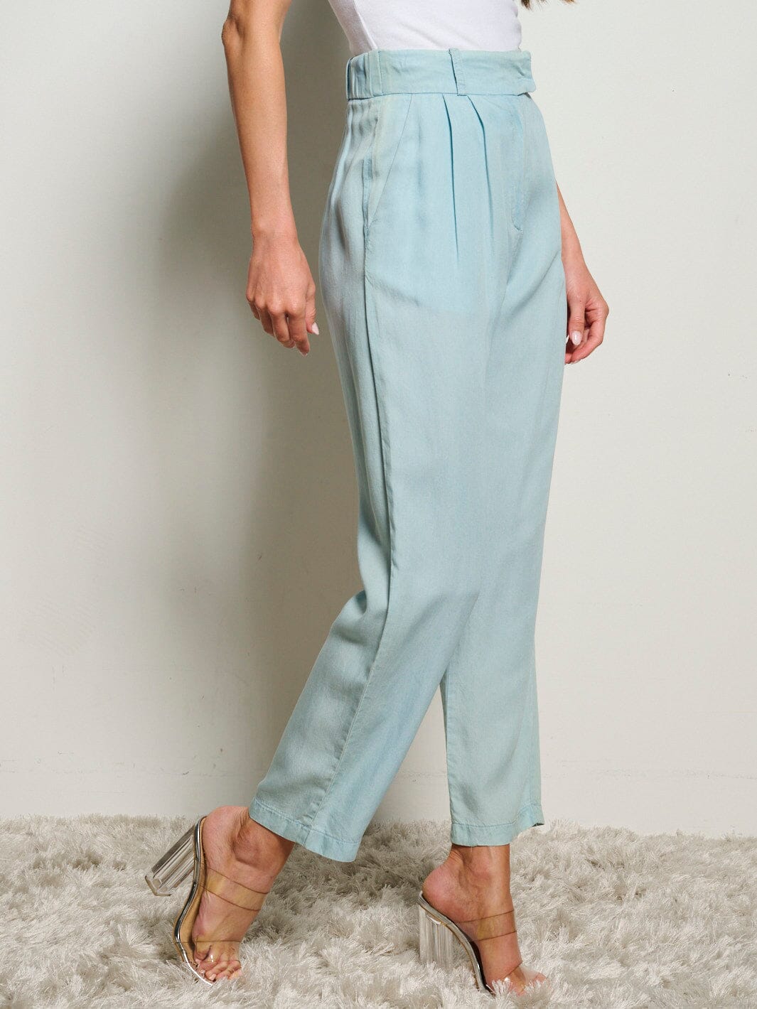 WOMEN'S BUTTON CLOSURE POCKETS WIDE LEG CHAMBRAY PANTS