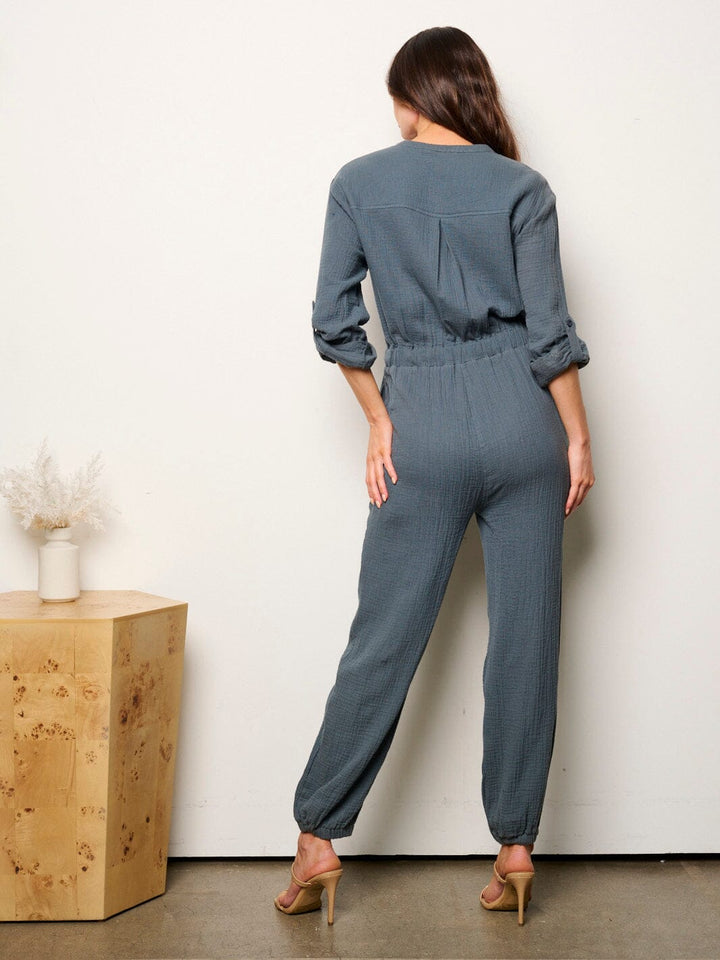 WOMEN'S LONG SLEEVE BUTTON UP SELF TIE JOGGER JUMPSUIT