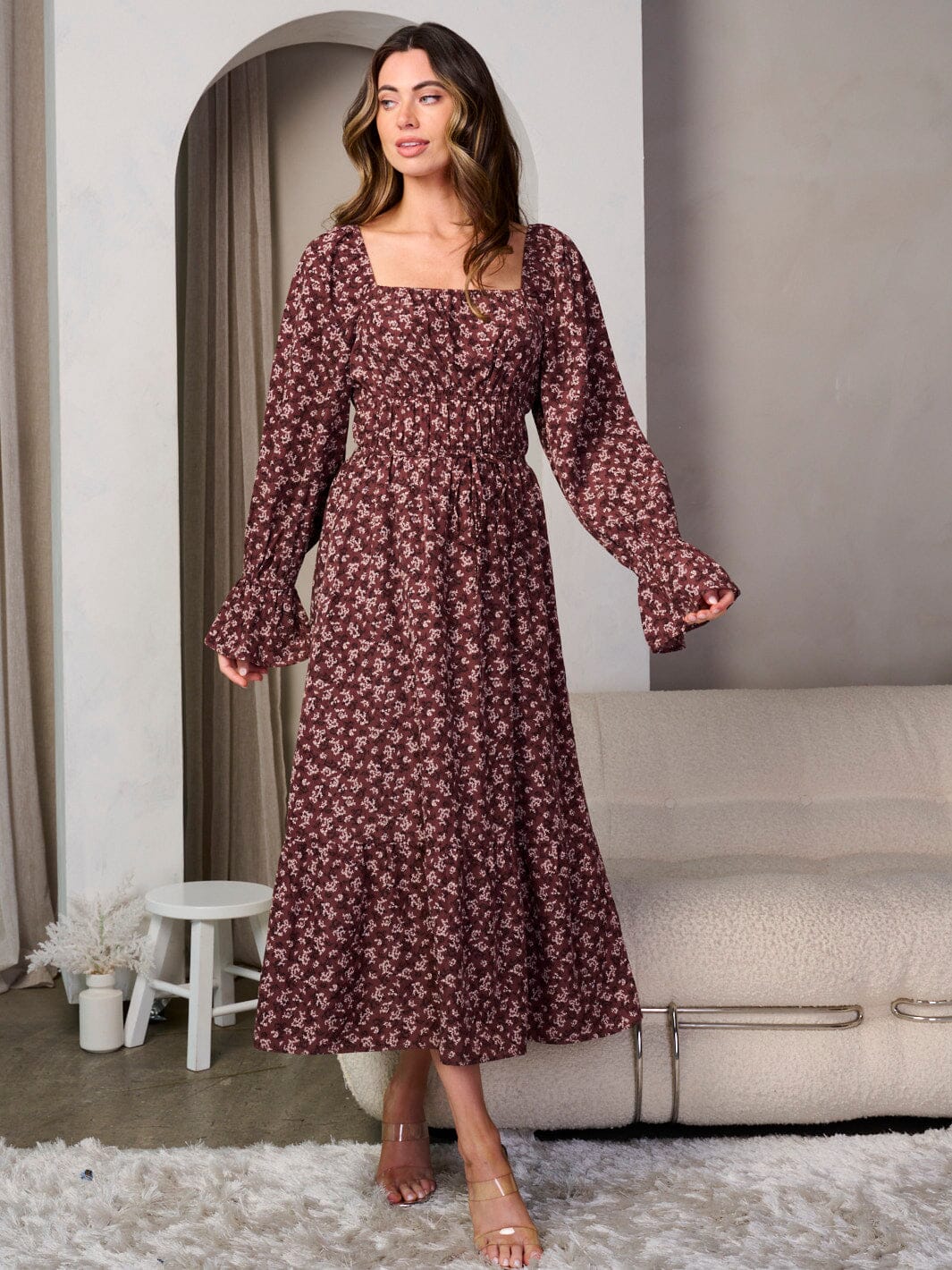 WOMEN'S LONG SLEEVE ELASTIC WAIST SQUARE NECK FLORAL MAXI DRESS