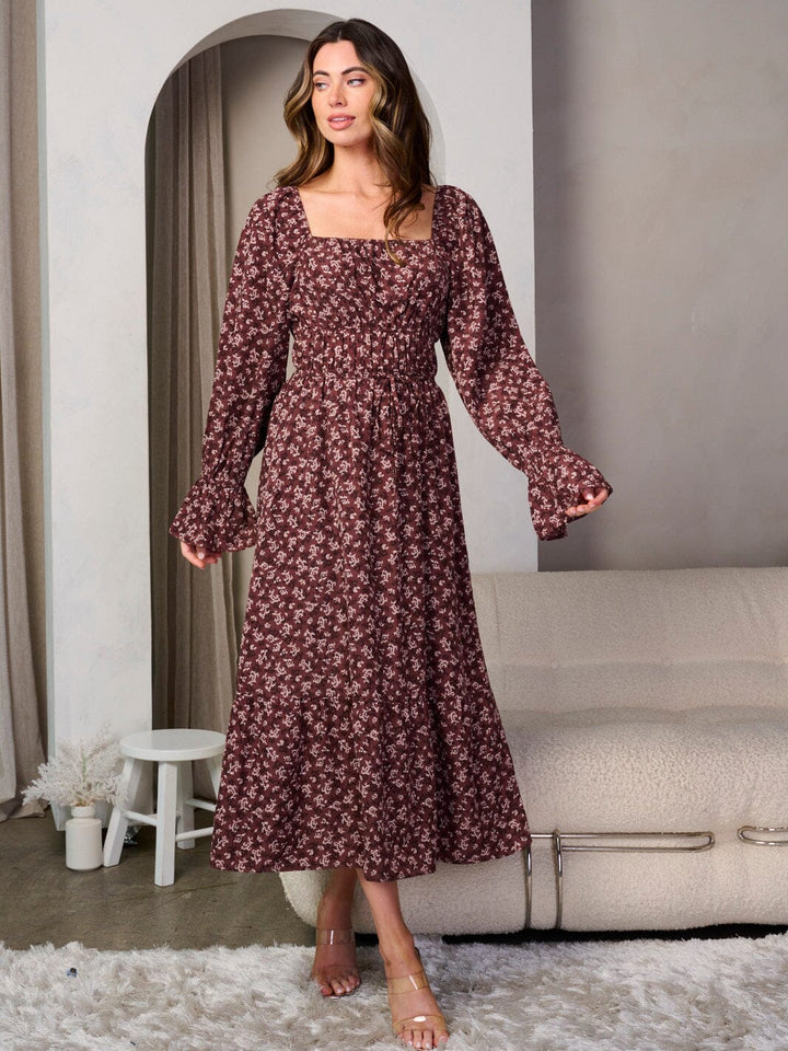 WOMEN'S LONG SLEEVE ELASTIC WAIST SQUARE NECK FLORAL MAXI DRESS