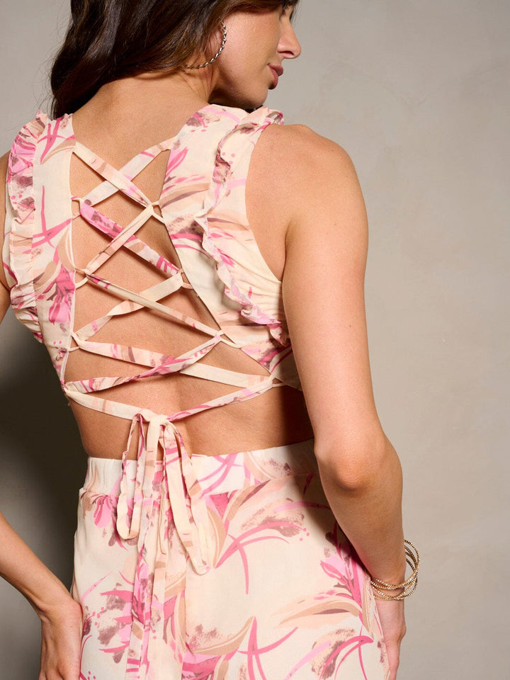 WOMEN'S SLEEVELESS CUT OUT BACK LACE UP FLORAL WIDE LEG JUMPSUIT