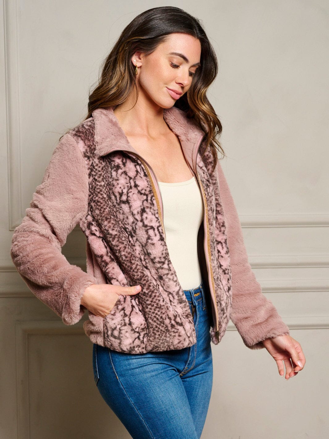 WOMEN'S LONG SLEEVE POCKETS ZIP UP ANIMAL PRINT JACKET